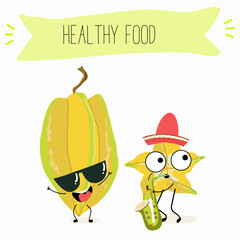 Vector cartoon character carambola, carom, funny vegetable, fruit. Farm fresh harvest, agriculture organic veggie or vegetarian food ripe product. 