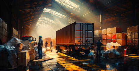 Employees loading boxes into a trucks at a warehouse. A group of men standing next to a truck