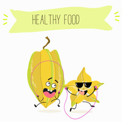 Vector cartoon character carambola, carom, funny vegetable, fruit. Farm fresh harvest, agriculture organic veggie or vegetarian food ripe product. 