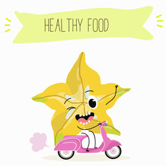 Vector cartoon character carambola, carom, funny vegetable, fruit. Farm fresh harvest, agriculture organic veggie or vegetarian food ripe product. 