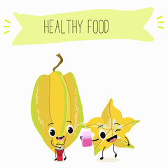 Vector cartoon character carambola, carom, funny vegetable, fruit. Farm fresh harvest, agriculture organic veggie or vegetarian food ripe product. 