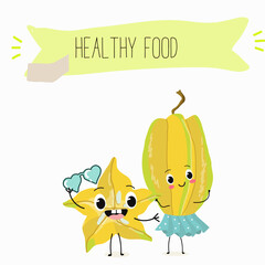 Vector cartoon character carambola, carom, funny vegetable, fruit. Farm fresh harvest, agriculture organic veggie or vegetarian food ripe product. 