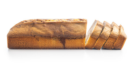 Marble sponge cake. Cake with cocoa and vanilla taste isolated on white background.