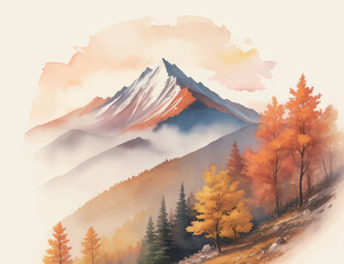 水彩で描いた秋の山の風景のイラスト Generative AI