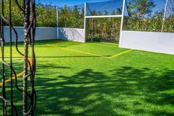 Playing field for small garden with artificial lawn, synthetic turf playing field, artificial grass...