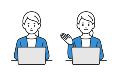 パソコンを見る･案内のポーズをするビジネスパーソン女性のセット【人物ベクターイラスト素材】