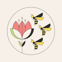 Illustration of bees and a flower