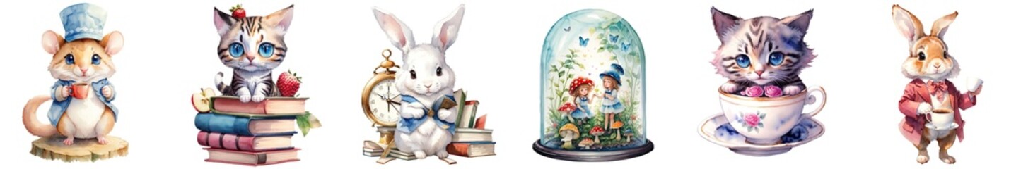 Watercolor Cute Alice in Wonderland Cheshire and White Rabit