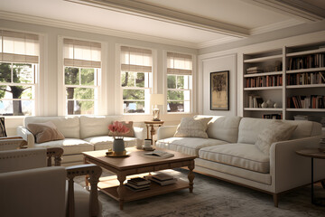 Transitional style interior design,living room,soft daylight.