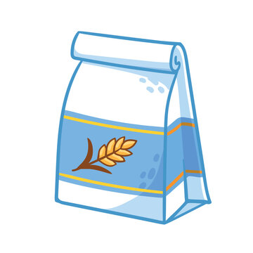 White paper bag with flour on a white background. Vector illustration on the theme of kitchen, bakery.