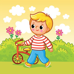 Cute little boy rolls bike in a summer park. Vector illustration with a child on a walk in cartoon style.