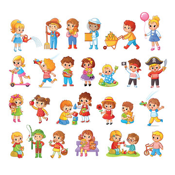 Collection of little cartoon children on white background. Big set of different cute kids enjoy playing.