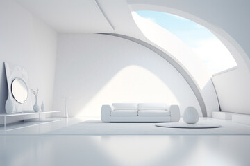 Futurism white living room with copy with sofa and plants space in the future.Created with Generative AI technology.
