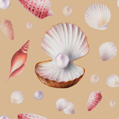 Watercolor seamless pattern with shells and pearls. Hand painting clipart underwater life objects on a white isolated background. For designers, decoration, postcards, wrapping paper, sc