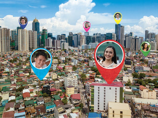 Pins revealing exact location of select people in the city. Real-time online location and GPS...