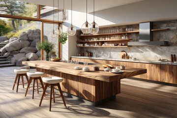 cozy kitchen with light natural materials - obrazy, fototapety, plakaty