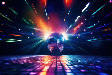 A disco ball lies on the floor of an empty disco with 80s style disco lights. Concept motif for 80s, disco and party.