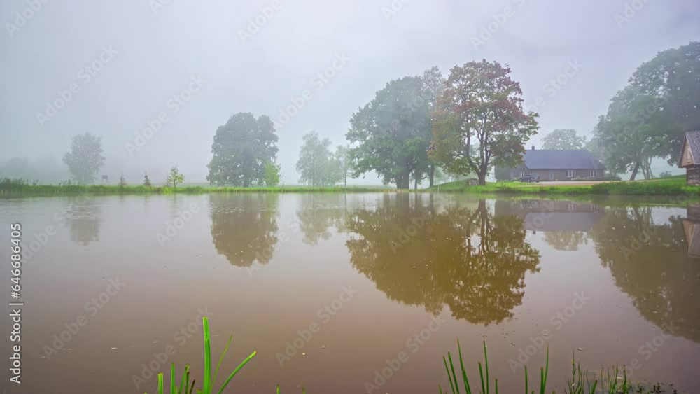 Aufkleber timelapse cloudscape over a lake in the countryside with fog developing in latvia.