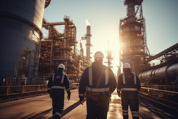 A team of engineers walks to work at an oil industrial factory refinery with morning light