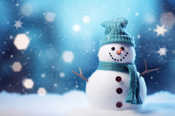 Fototapeta premium A cute snowman, wearing a knitted hat and scarf, smiles in a snowy landscape with a blurry winter pine woods background, featuring bokeh lights and a starry, glittering night sky. Generative AI.