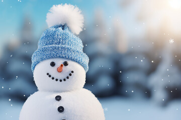 Fototapeta premium A cute snowman, wearing a knitted hat and scarf, smiles in a snowy landscape with a blurry winter pine woods background, featuring bokeh lights and a starry, glittering night sky. Generative AI.