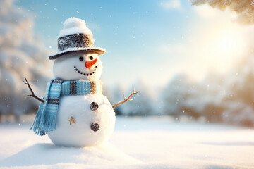 Obraz premium A cute snowman, wearing a knitted hat and scarf, smiles in a snowy landscape with a blurry winter pine woods background, featuring bokeh lights and a starry, glittering night sky. Generative AI.