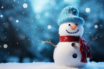 A cute snowman, wearing a knitted hat and scarf, smiles in a snowy landscape with a blurry winter pine woods background, featuring bokeh lights and a starry, glittering night sky. Generative AI.