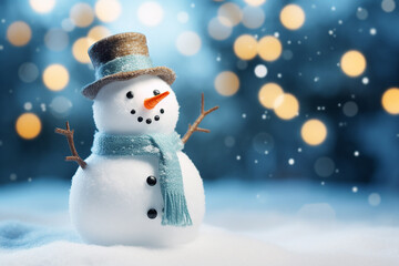 Fototapeta premium A cute snowman, wearing a knitted hat and scarf, smiles in a snowy landscape with a blurry winter pine woods background, featuring bokeh lights and a starry, glittering night sky. Generative AI.