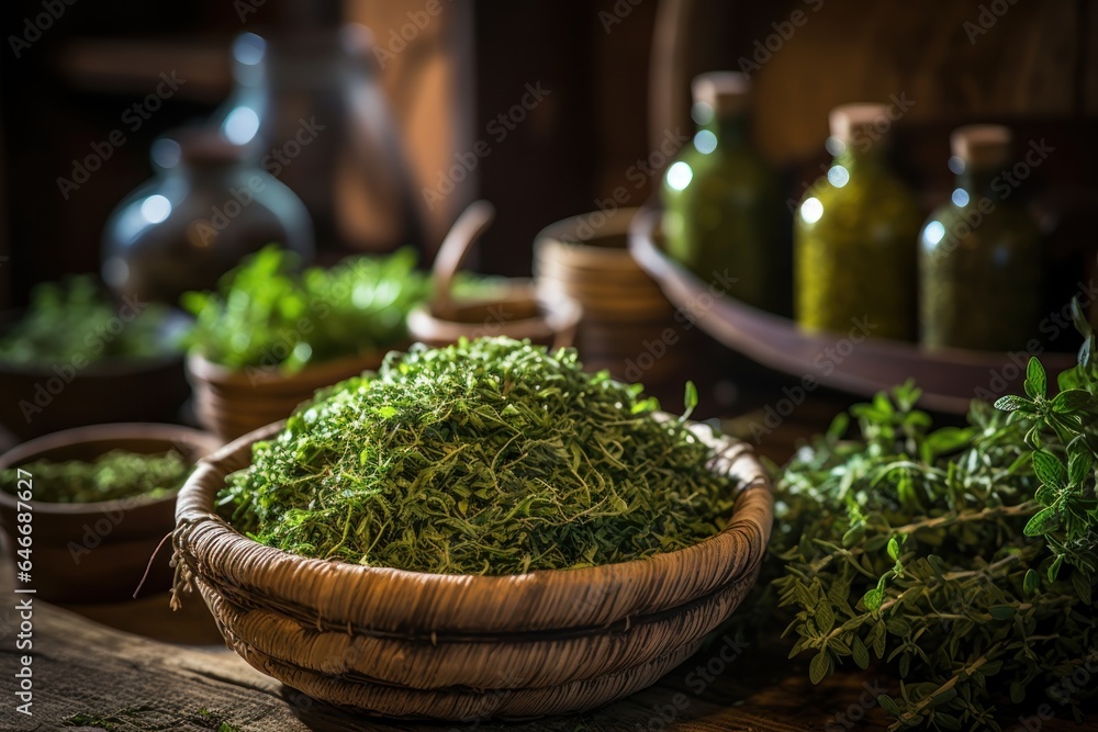 Poster thyme in a basket on the table.