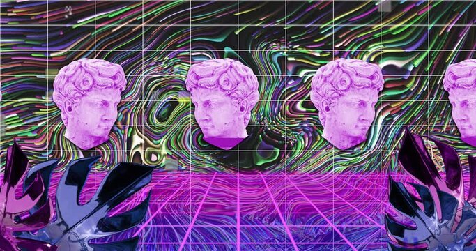 Classical sculpture heads, interference, leaves and grid over multicoloured liquid swirl