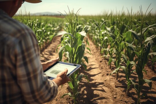 Agriculture using tablet computers inspecting corn crops growing in corn farm