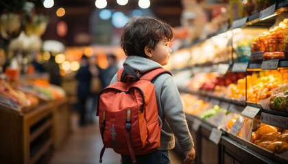 High quality stock photography of a Japanese toddler alone in supermarket. - obrazy, fototapety, plakaty