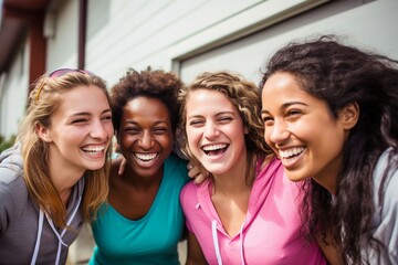 Fototapeta premium A group of four multi-racial young women in sportswear share hearty laughter, exemplifying sports, fitness, and friendship. 