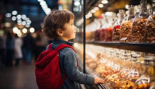 High quality stock photography of a Japanese toddler alone in supermarket.