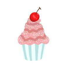 Pink sweet cupcake with red cherry and sprinkles png image format.