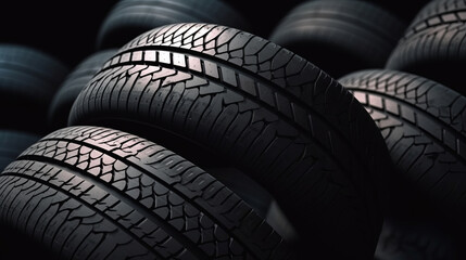 New tires pile on a dark background. Tire fitting background. stack of car tires. - obrazy, fototapety, plakaty