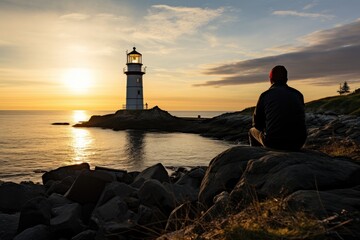 Silhouette of a man sitting and looking at the lighthouse.