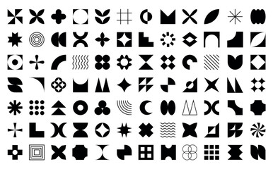  Set, collection geometric shapes. Trendy set with shapes different style. Bauhaus, futuristic, memphis. set of black bauhaus shapes, geometric abstract shapes. Modern style