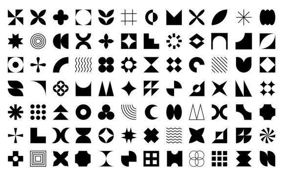  Set, collection geometric shapes. Trendy set with shapes different style. Bauhaus, futuristic, memphis. set of black bauhaus shapes, geometric abstract shapes. Modern style