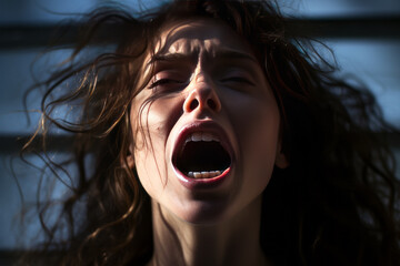 Close-up of a woman's face, caught in an authentic scream, conveying raw emotion.