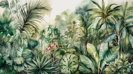 Tropical jungle background. Watercolor painting. Nature illustration. generative ai - obrazy, fototapety, plakaty