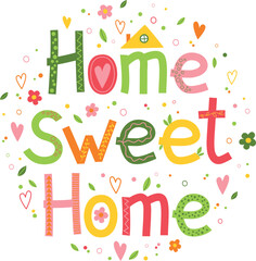 Home sweet home decorative hand drawing lettering. Vector colorful greeting card or poster design with small elements
