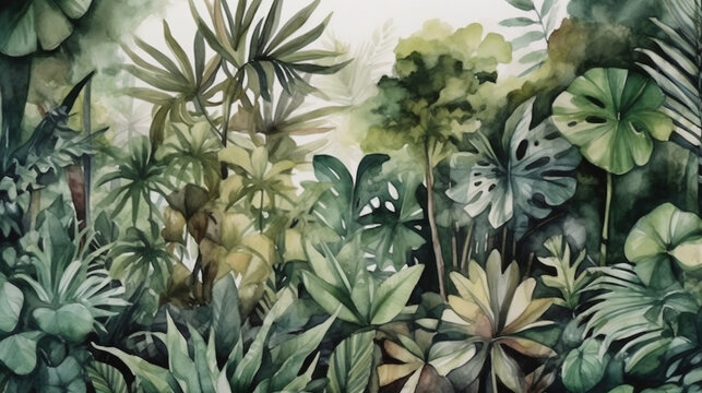 Tropical jungle background. Watercolor painting. Nature illustration. generative ai © Graphicsstudio 5