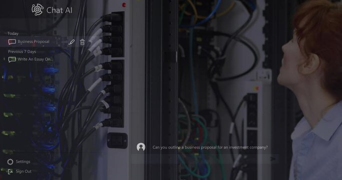 Chat ai logo and conversation text over caucasian female technician smiling in server room