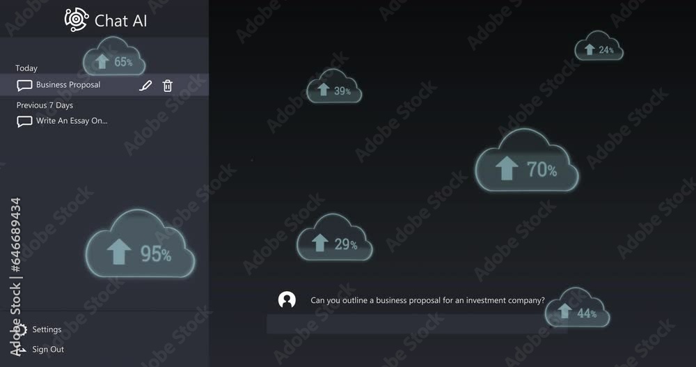 Poster chat ai logo and conversation text over data uploading to cloud icons
