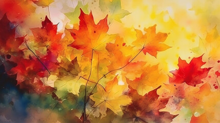 Naklejka na ściany i meble Autumn background with maple leaves. Watercolor painting. Digital art painting. generative ai