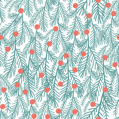 Christmas seamless pattern on a white background. Green pine twigs, red berries. Vector illustration. Natural design. Digital paper for congratulations on the upcoming season.