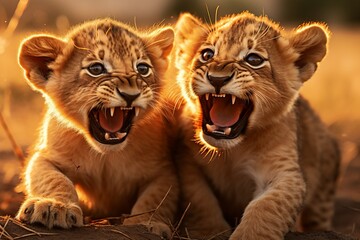 lioness with small lion cubs close-up. wild animals. generative ai.