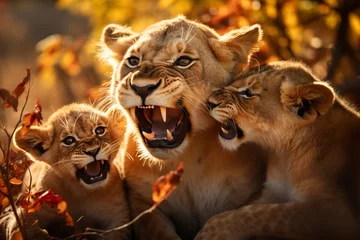 Poster lioness with small lion cubs close-up. wild animals. generative ai. © robertuzhbt89