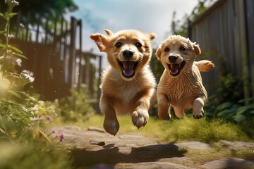 happy puppies are playing and running in the garden. generative ai.